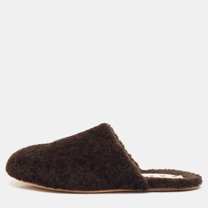Marni Dark Brown Shearling Fur Flat Mules Size 38