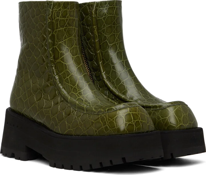 Marni Green Croc-Embossed Platform Ankle Boots - Image 4