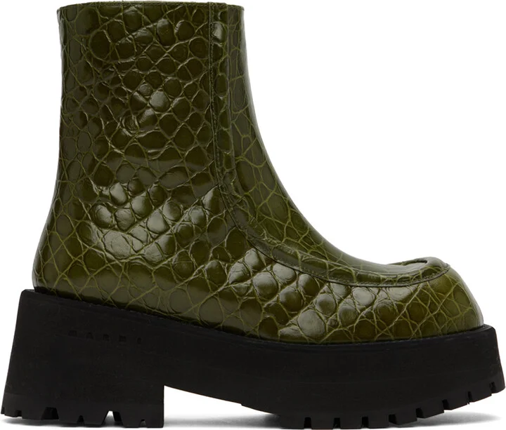 Marni Green Croc-Embossed Platform Ankle Boots