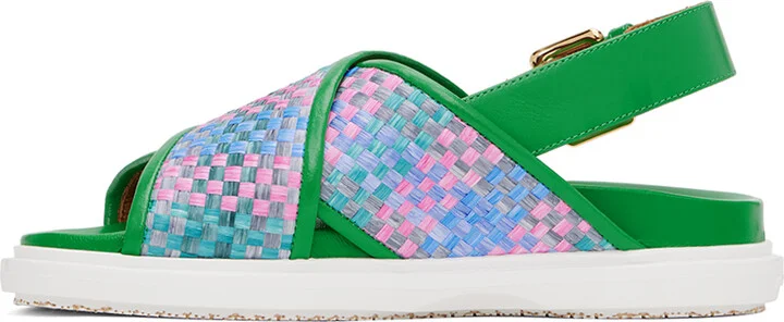Marni Green Leather Fussbett Raffia-Effect Sandals - Image 3