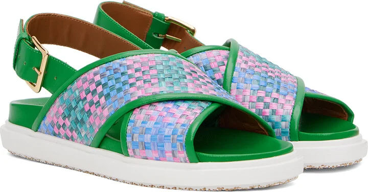 Marni Green Leather Fussbett Raffia-Effect Sandals - Image 4