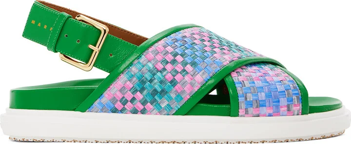 Marni Green Leather Fussbett Raffia-Effect Sandals