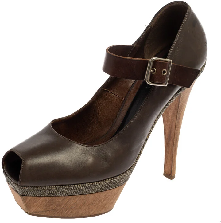 Marni Grey Leather Mary Jane Peep Toe Platform Pumps Size 39