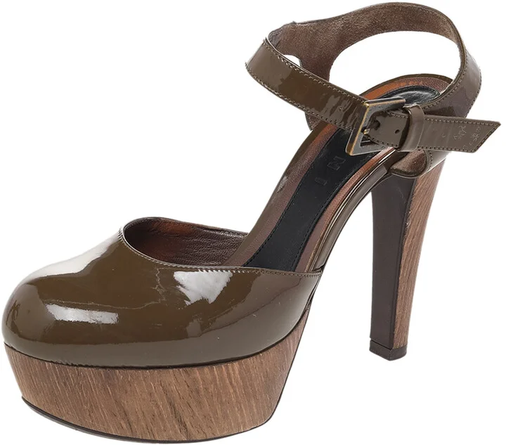 Marni Olive Green Patent Leather Platform Ankle Strap Sandals Size 38