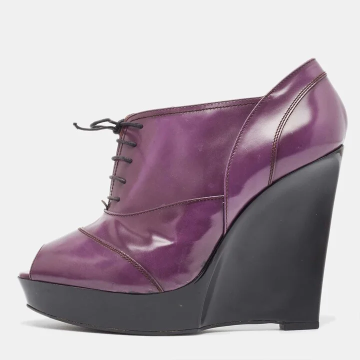 Marni Purple Patent Wedge Peep Toe Boots Size 39