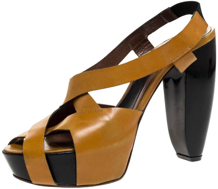 Marni Tan Leather Strappy Platform Block Heel Slingback Sandals Size 40