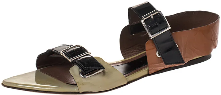 Marni Tricolor Patent Leather Pointed Toe Flat Sandals Size 39