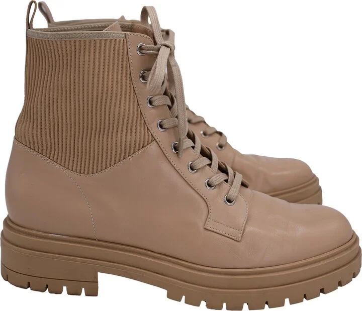 Martis Rib-Knit Combat Boots in Beige Leather
