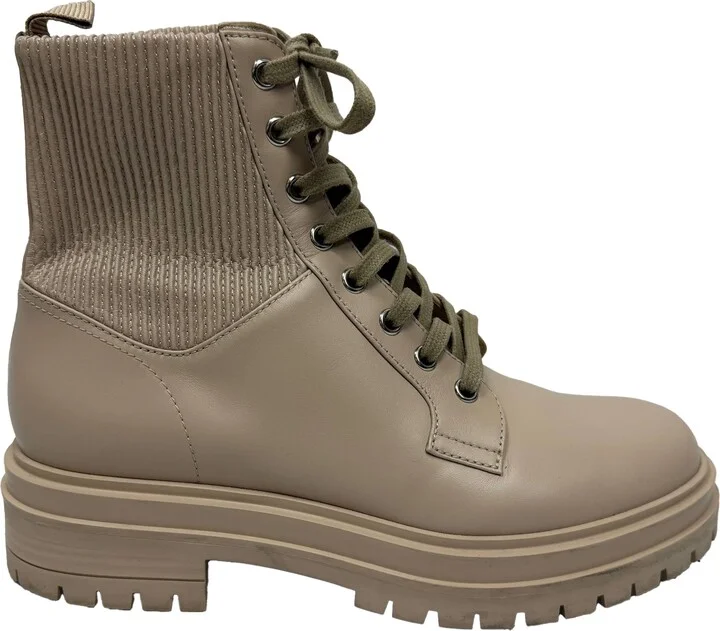 Martis Rib-Knit Combat Boots in Beige Leather