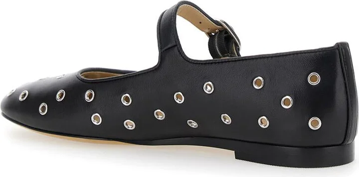 'Mary Jane' Black Ballerinas With Eyelets In Leather Woman - Image 3