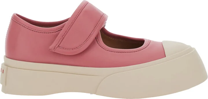 'mary Jane' Pink Sandals With Touch-strap Closure And Logo Patch On The Rear In Leather Woman