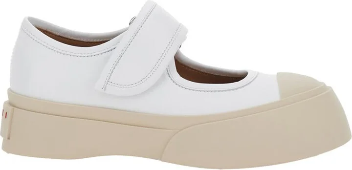 'Mary Jane' White Sandals With Touch-Strap Closure And Logo Patch On The Rear In Leather Woman