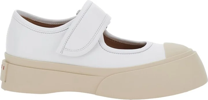 'mary Jane' White Sandals With Touch-strap Closure And Logo Patch On The Rear In Leather Woman