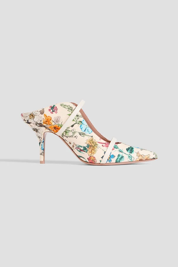 Maureen 70 leather-trimmed floral-print canvas mules