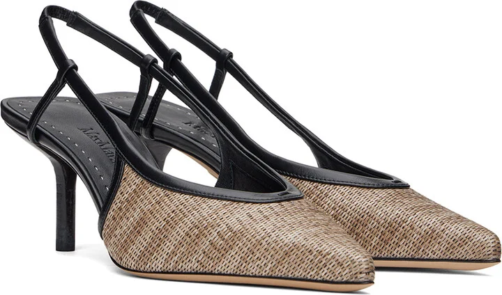 Max Mara Beige & Black Smooth Raffia-Effect Fabric Slingback Heels - Image 4