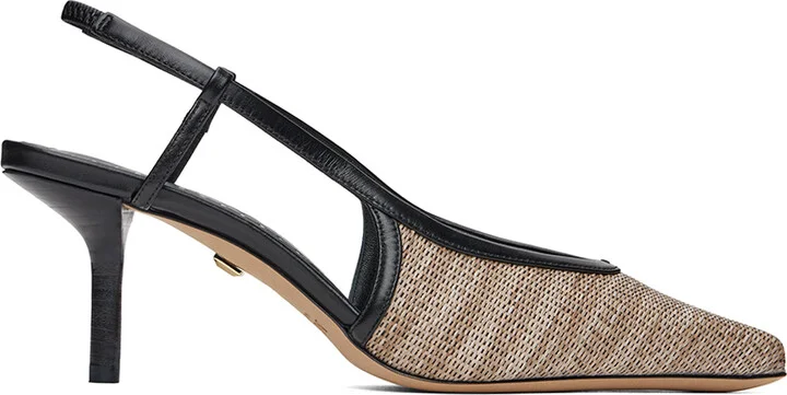 Max Mara Beige & Black Smooth Raffia-Effect Fabric Slingback Heels