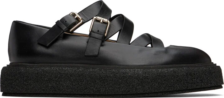 Max Mara Black Leather Strap Ballerina Flats