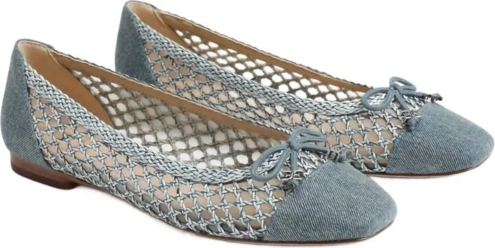 May Square Toe Bow Accent Openwork Flats In Ligth Blue