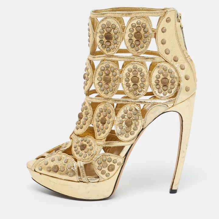 McQ by Alexander McQueen Gold Leather Embellished Platform Sandals Size 40