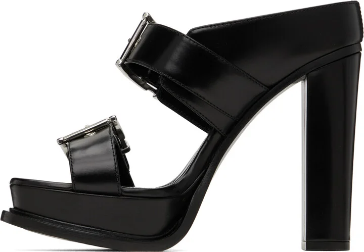 McQueen Black Platform Buckle Heeled Sandals - Image 3