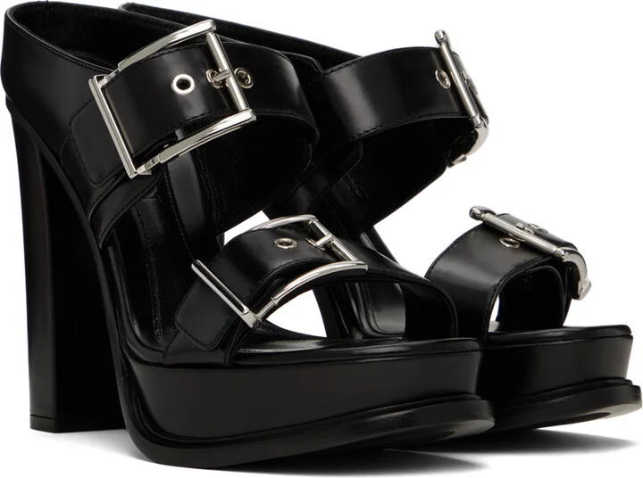 McQueen Black Platform Buckle Heeled Sandals - Image 4