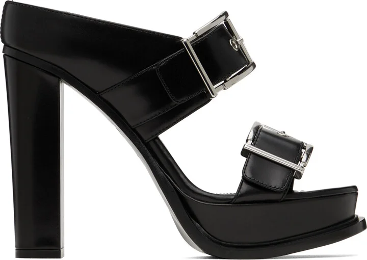 McQueen Black Platform Buckle Heeled Sandals