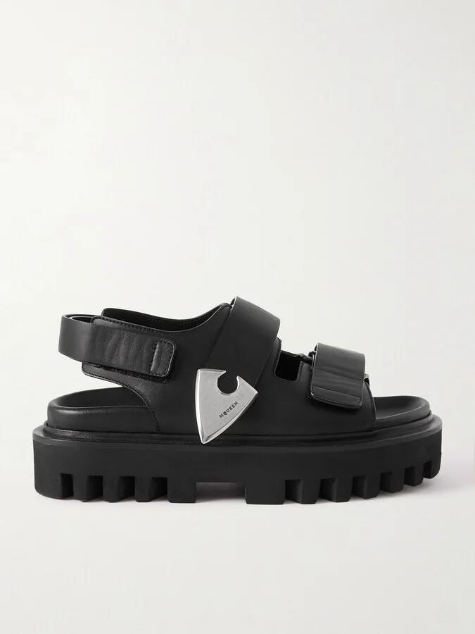 MCQUEEN - Embellished Leather Platform Sandals - Black