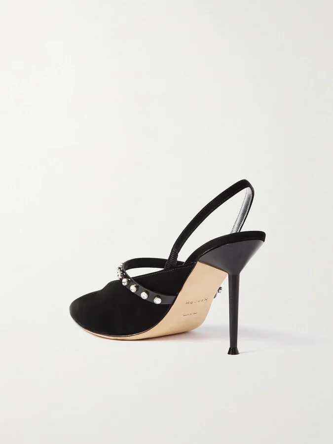 MCQUEEN - Revel Embellished Leather-trimmed Suede Slingback Pumps - Black - Image 3