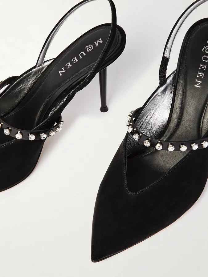 MCQUEEN - Revel Embellished Leather-trimmed Suede Slingback Pumps - Black - Image 4