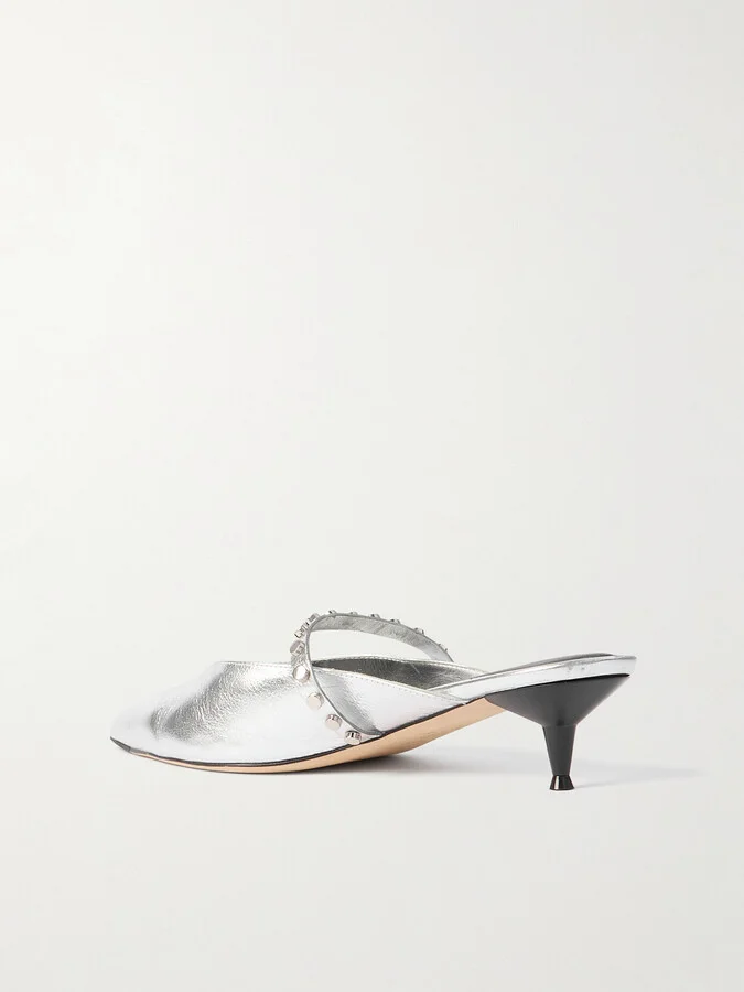 MCQUEEN - Revel Studded Metallic Leather Mules - Silver - Image 3