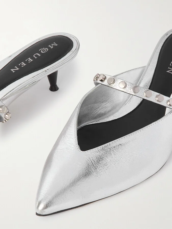 MCQUEEN - Revel Studded Metallic Leather Mules - Silver - Image 4