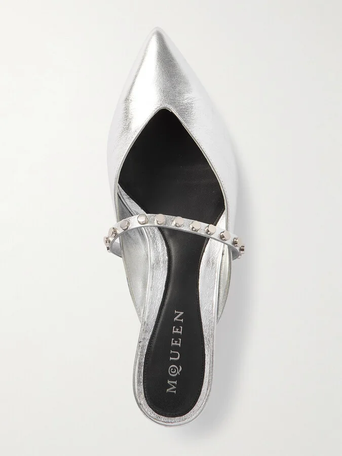 MCQUEEN - Revel Studded Metallic Leather Mules - Silver - Image 5