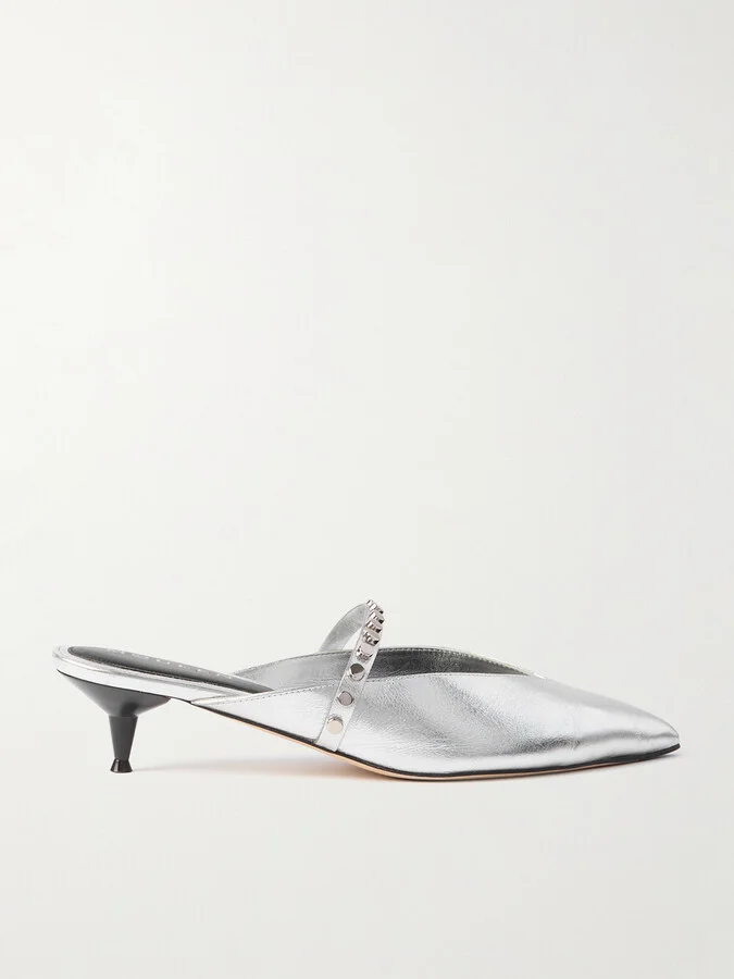 MCQUEEN - Revel Studded Metallic Leather Mules - Silver