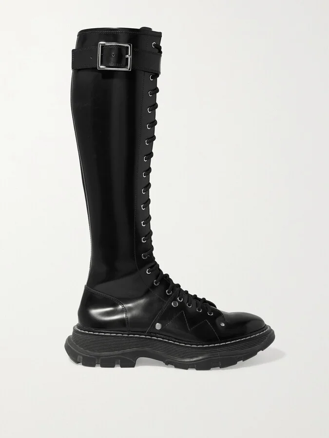 MCQUEEN - Slick Glossed-leather Exaggerated-sole Knee Boots - Black