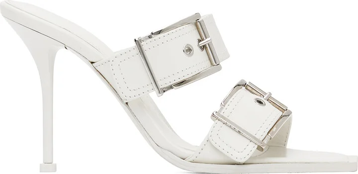 McQueen White Double Buckle Punk Mules