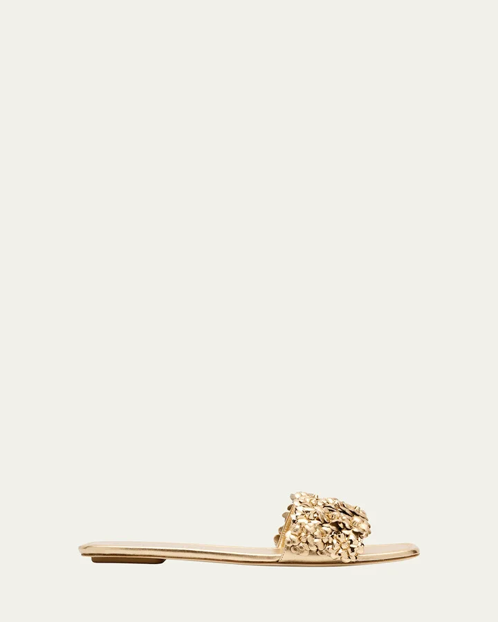 Meadow Metallic Leather Flower Slides