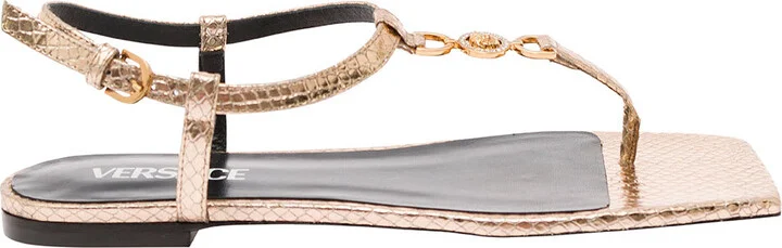 'medusa '95' Gold-colored Low Sandals With Logo Detail In Snake-printed Leather Woman