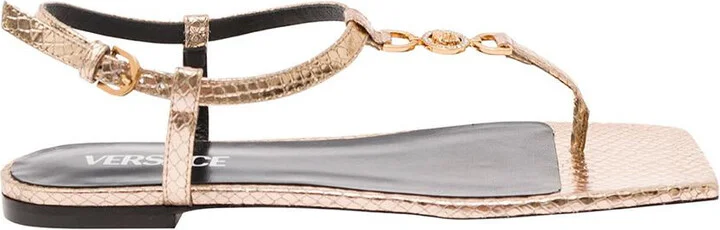 'Medusa '95' Gold-Colored Low Sandals With Logo Detail In Snake-Printed Leather Woman