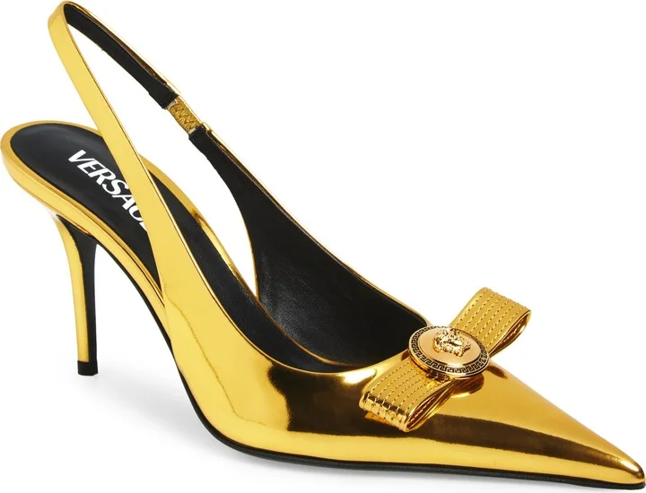 Medusa Bow Metallic Pointed Toe Slingback Pump