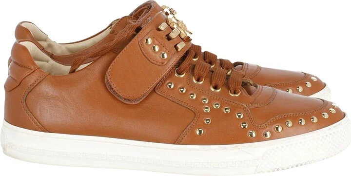 Medusa Studded Low Top Sneakers in Tan Leather
