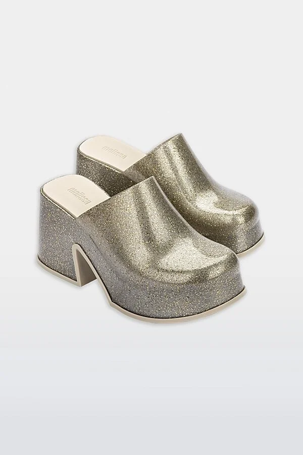 Melissa Mia Platform Clog in Golden Glitter Glass