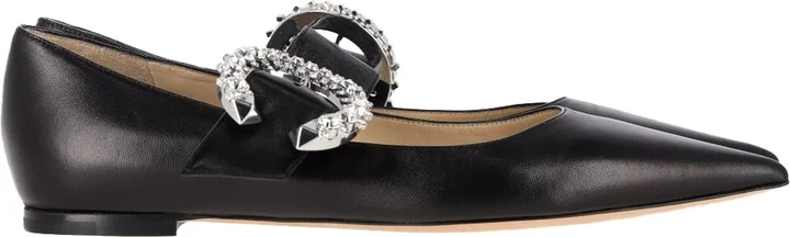 Melva Crystal-Embellished Point-Toe Ballet Flats in Black Leather
