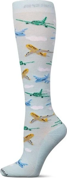 Memoi Airplanes 8-15 mmHg Graduated Bamboo Compression Socks Light Blue 9-11