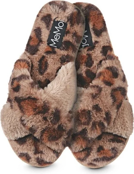Memoi Cheetah Crossover Open Toe Plush Slippers Taupe S