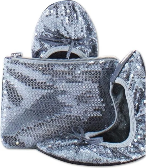 Memoi Sequin Flip Flat with Matching Pouch Silver M-L