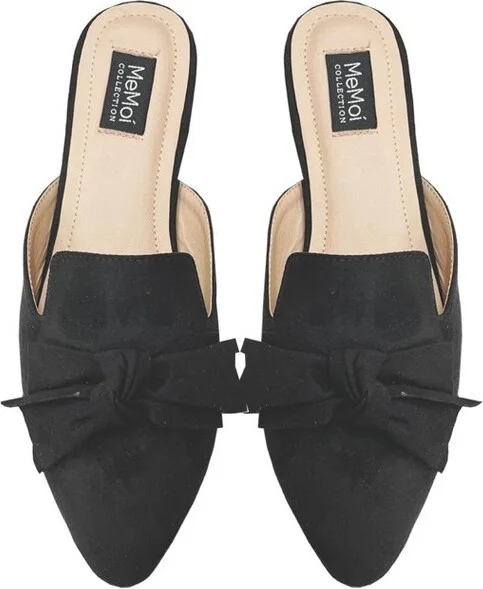 Memoi Women's Audrey Vegan Suede Pointed Toe Backless Slippers Black S