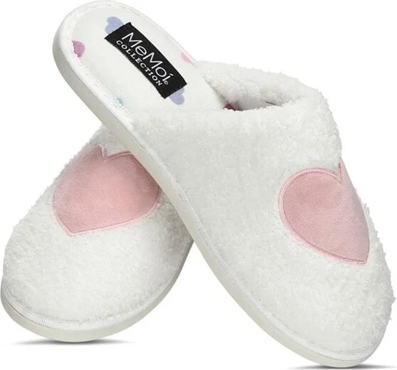 Memoi Women's Multi Hearts Terry Slide Slippers White S