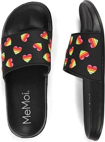 Memoi Women's Rainbow Heart Lightweight Slides Black L