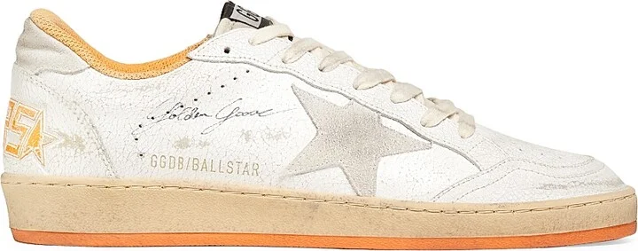 Men's Ball Star Crackled Leather Sneakers - White Beige Orange - Size 9