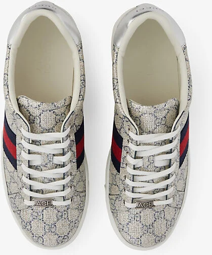 Mens Beige Blue Silver Ace Shiny Canvas Low-Top Trainers Eur 43 / 9 Uk Men - Image 2